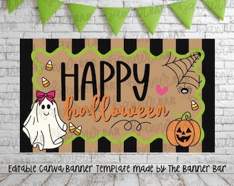 May include: A Halloween banner with a brown background, black and green border, and the words "Happy Halloween" in black and orange. It features a ghost, pumpkin, spiderweb, and candy corn.