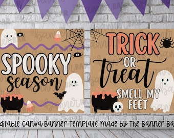 Puede incluir: Dos letreros con temática de Halloween con fondo marrón. Uno dice "Spooky Season" con un fantasma, un caldero, un murciélago, una araña y un caramelo de maíz. El otro dice "Trick or Treat Smell My Feet" con un fantasma, un caldero, una calavera y una araña.