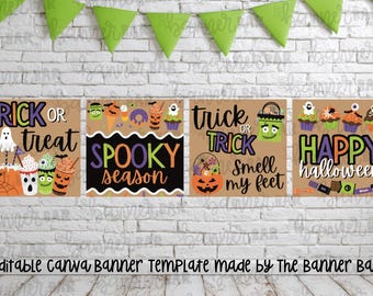 Puede incluir: Cuatro letreros con temática de Halloween con frases como "Trick or Treat" y "Happy Halloween" en negro, verde, naranja y morado. Los letreros presentan gráficos espeluznantes y están sobre un fondo de pared de ladrillos.