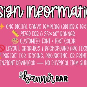 May include: Pink graphic with the text "Design Information". It details a digital Canva template for a 89x152 cm banner. Features include editable text, customizable font and colour, and instant download. The layout and graphics are fixed.