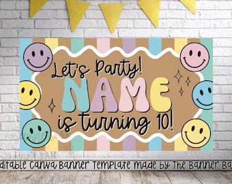 Preppy Happy Birthday Banner Template | Smiley Face Painted Banner | Editable Canva Template | 35x60 Digital Backdrop | Instant Download