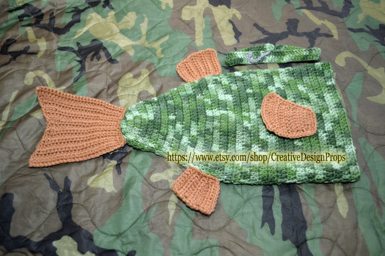 Crochet Trout Bass Fish Costume for Baby, Cocoon and Headband with fishing hook newborn outfit, Halloween, photo prop, Fisherman baby shower image 4