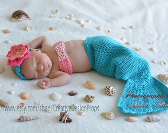 Crochet Disney Ariel The Little Mermaid Costume - Cocoon Tail, Flower Headband, Bandeau style Bikini Top, baby photography prop, Halloween