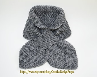 Knit Gray Ascot Scarf - Miss Marple scarf Pull Through Keyhole Stay Put Short Bow Scarf Martha Stewart Christmas Gift, Women