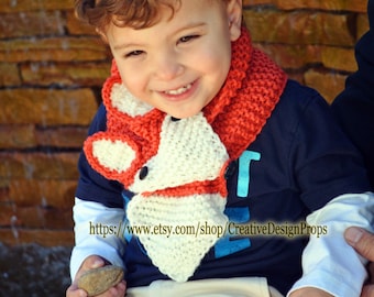 What Does The Fox Say Knit Orange Animal Scarf - Women Ascot Short Scarf, Pull Through Keyhole, Winter Fashion Woodland, kids, child scarf