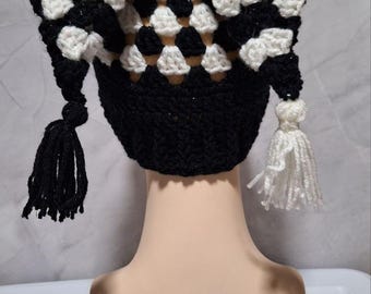 Crochet Black and White Sparkle Glitter Hexi Jester Foole's Hat Rave Beanie Hexagon Hat Clown Core Square hat  Toque