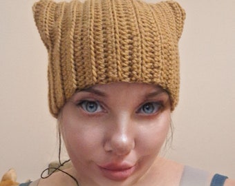 Crochet Brown Cat Ear Beanie Kitty Ear Hat, Slouchy Beanie, Holiday Fashion, Funny Gifts Winter Accessories Stray Kids Hat Cat Cosplay Anime