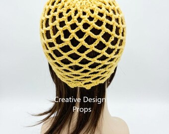 Gorro de malla amarillo brillante hecho a mano a crochet, estilo boho, accesorio para el cabello, ideal para festivales, de algodón, ideal para el verano. Gorro de encaje.