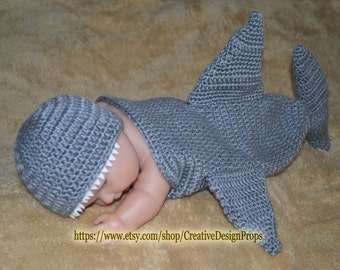 Nautical Sea Marine Critter - Shark Hat and Cocoon set - Halloween, Photo Prop Cape for newborn baby or Baby Shower Gift - Pick your color