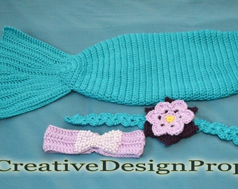 Disney Crochet Ariel The Little Mermaid Costume - Cocoon Tail, Flower Headband, Bandeau style Bikini Top - photo prop - for newborn to 3 mo