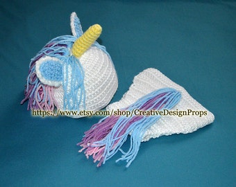 Crochet Baby Boy Costume My Little Unicorn newborn set, diaper cover and hat - photo prop, outfit or Baby Shower Gift - 0 - 3 mo