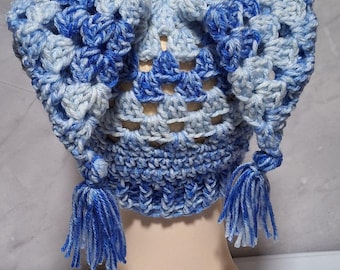 Crochet Blue White Hexi Jester Foole's Hat Rave Beanie Hexagon Hat Clown Core Square hat  Toque