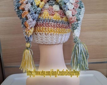 Crochet Rainbow White Hexi Jester Foole's Hat Rave Beanie Hexagon Hat Clown Core Square hat  Toque