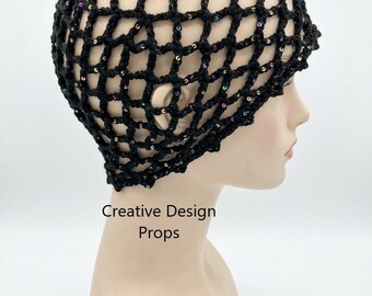 Gorro de malla negra hecho a mano con lentejuelas, estilo bohemio, accesorio para el cabello, ideal para festivales. Gorro de verano brillante de algodón con encaje.