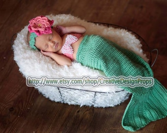 Disney Crochet Ariel The Little Mermaid Costume - Cocoon Tail, Flower Headband, Bandeau style Bikini Top - photo prop - for newborn to 3 mo