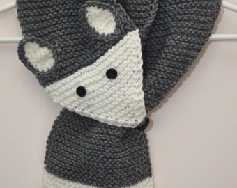 Knit Fun Gray Fox Animal Scarf - Kids, Child, Pull Through Keyhole, Stay Put, Ascot Short Scarf, Woodland, Christmas Gift, animal lovers