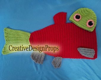 Crochet Sockeye Salmon Costume Trout Bass Fish Costume for Baby Cocoon and Hat newborn outfit Halloween photo prop Fisherman baby shower