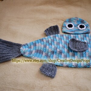 Crochet Trout Bass Fish Costume for Baby, Cocoon and Headband with fishing hook newborn outfit, Halloween, photo prop, Fisherman baby shower image 7