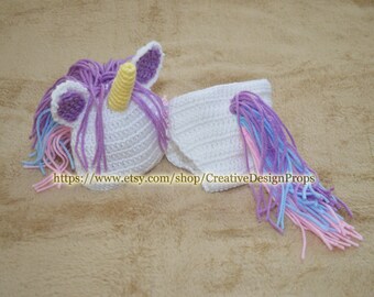 Crochet Baby Boy Costume My Little Unicorn newborn set, diaper cover and hat - photo prop, outfit or Baby Shower Gift - 0 - 3 mo