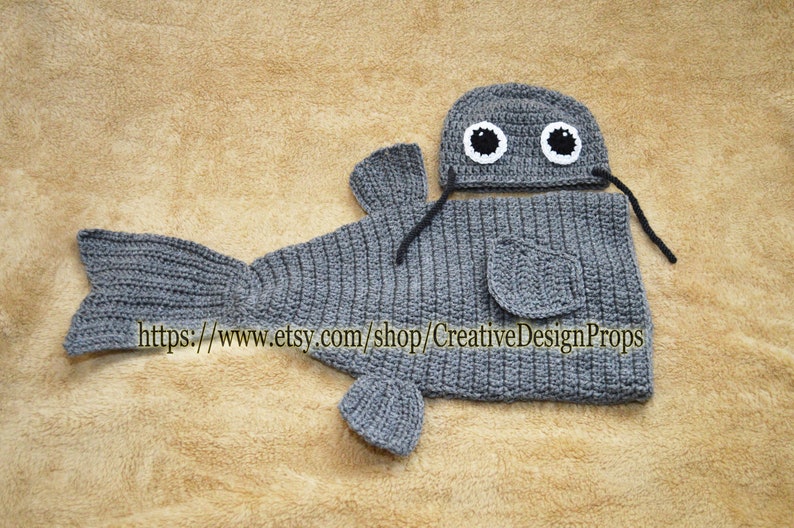Crochet Trout Bass Fish Costume for Baby, Cocoon and Headband with fishing hook newborn outfit, Halloween, photo prop, Fisherman baby shower image 8