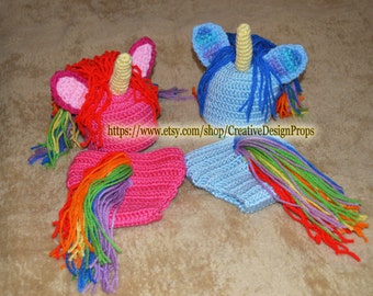 Crochet Baby Costume My Little Rainbow Unicorn Boy Girl newborn set, diaper cover and hat, photo prop, outfit or Baby Shower Gift