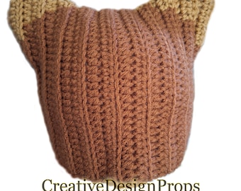 Crochet Double Brown Cat Ear Beanie Kitty Ear Hat, Slouchy Beanie Fashion Funny Gifts Winter Accessories Stray Kids Hat Cat Cosplay Anime