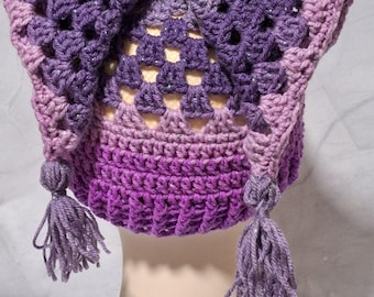 Crochet Purple Sparkle Glitter Hexi Jester Foole's Hat Rave Beanie Hexagon Hat Clown Core Square hat  Toque