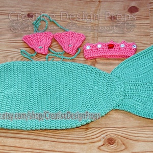 Crochet Mermaid Outfit - Tail and Seashell Bikini Top with Crown Tiara - photo prop - for newborn to 3 months