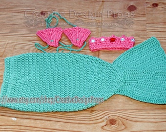 Crochet Mermaid Outfit - Tail and Seashell Bikini Top with Crown Tiara - photo prop - for newborn to 3 months