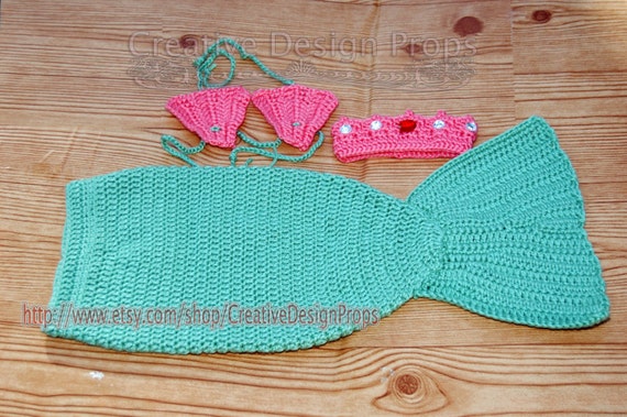 Crochet Mermaid Outfit - Tail and Seashell Bikini Top with Crown Tiara - photo prop - for newborn to 3 months