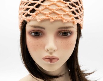 Gorro de encaje de malla coral hecho a mano a crochet, estilo boho, accesorio para el cabello, ideal para festivales. Gorro de verano de algodón.