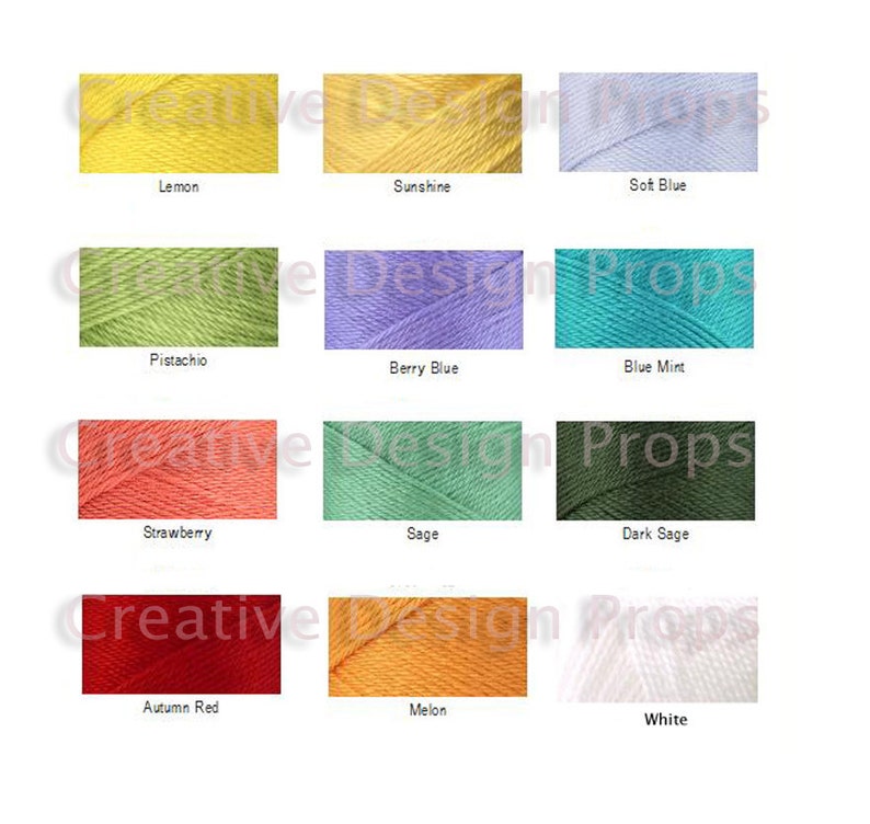 May include: A color chart of yarn samples in various colors, including lemon, sunshine, soft blue, pistachio, berry blue, blue mint, strawberry, sage, dark sage, autumn red, melon, and white.