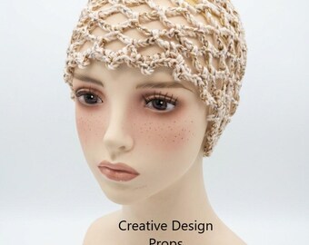 Gorro de malla de avena hecho a mano con lentejuelas, estilo bohemio, accesorio para el cabello, ideal para festivales, de algodón, con brillo, ideal para el verano. Gorro de encaje.