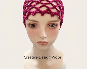 Gorro de malla color magenta oscuro burdeos hecho a mano, estilo boho, accesorio para el cabello, gorro de verano de algodón con encaje.