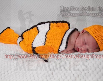 Clownfish Costume for Baby - Finding Nemo set - Cocoon and Hat - coral fish newborn outfit - Halloween, photo prop or gift for baby shower