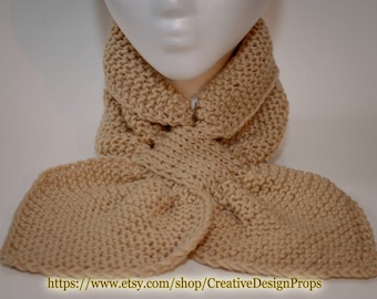 Knit Beige Ascot Scarf - Pull Through Keyhole Stay Put Popular Ascot Short Scarf Top Trend Christmas Gift Winter wear Men Women