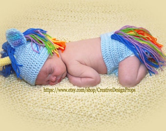 Crochet Baby Costume My Little Rainbow Unicorn Boy Girl newborn set, diaper cover and hat, photo prop, outfit or Baby Shower Gift