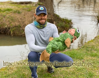 Crochet Trout Bass Fish Costume for Baby, Cocoon and Headband with fishing hook newborn outfit, Halloween, photo prop, Fisherman baby shower