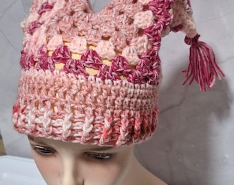 Crochet Pink Red White Hexi Jester Foole's Hat Rave Beanie Hexagon Hat Clown Core Square hat  Toque