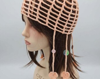 Gorro de malla coral hecho a mano con hilos, estilo boho, accesorio para el cabello, ideal para festivales, de algodón, ideal para el verano. Gorro de encaje.