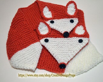 Knitted What Does The Fox Say Orange Animal Scarf - Pull Through Keyhole, Novelty Short Scarf, Woodland, Christmas Gift, kids, animal lovers