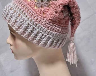 Crochet Pink Gray Sparkle Glitter Hexi Jester Foole's Hat Rave Beanie Hexagon Hat Clown Core Square hat  Toque