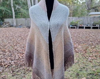 READY TO SHIP HandKnit Ombre Fringe Shawl Soft Neutrals Colors Cozy Acrylic Boho Wrap Long Fringe Triangle Shawl Handmade Knit Gift for Her