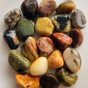Peut inclure: Une collection de galets polis et lisses de formes et de tailles variées. Les pierres présentent une palette de couleurs diversifiée comprenant des nuances de noir, blanc, vert, jaune, orange et rouge, avec des motifs tachetés ou marbrés.