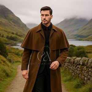Men&#39;s Handmade Wool Inverness Cape Coat - Brown Sherlock Holmes Overcoat