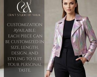 Metallic Jacket Women Luxury Iridescent Leather Jacket Handmade Cropped Biker Statement