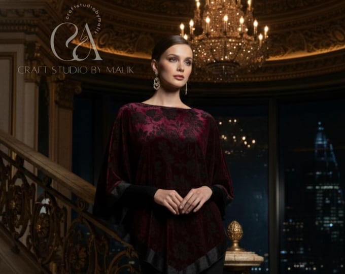 Floral Burnout Velvet Poncho: Maroon Boho Cape, Evening Shawl