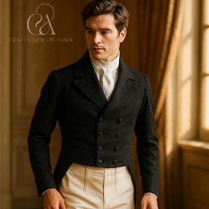 Handmade Black Regency Tailcoat: Historical Victorian Gentleman Jacket