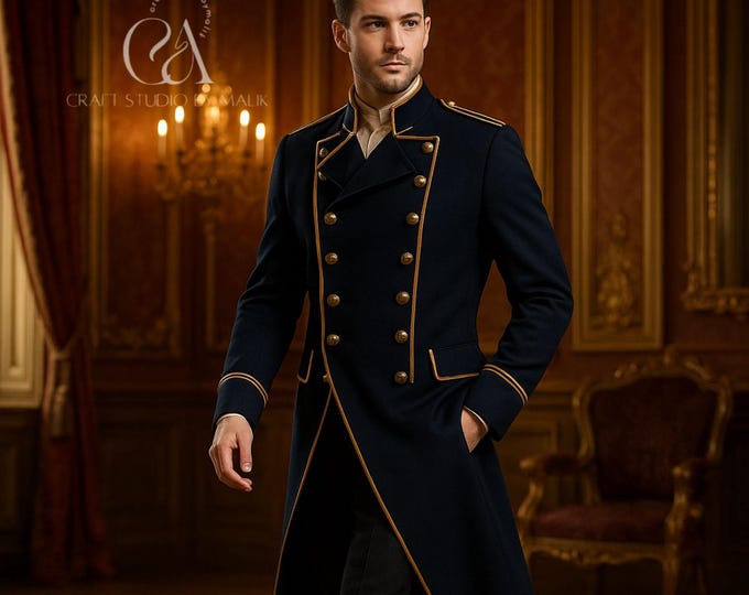 Handmade Military Tailcoat: Victorian Officer Style with Gold Trim