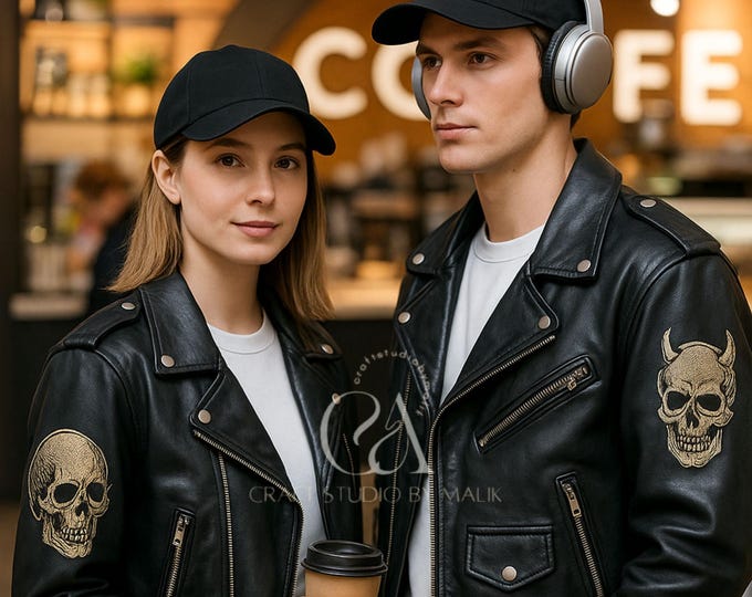 Handmade Genuine Leather Biker Jacket: Unisex Gothic Skull Design